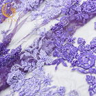 OEM Handwork Purple Beaded French Lace Fabric Bordir