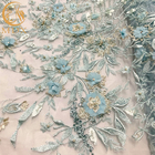 20% Polyester Blue 3D Flower Lace Fabric Untuk Gaun Malam