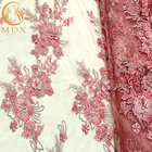 French Tulle Net Lace Fabric Pink 3D Bunga Bordir Untuk Gaun Pesta