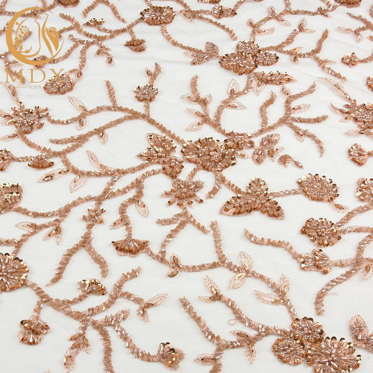 Kain Renda Emas Larut dalam Air Beaded Polyester Bridal Dress Lace Fabric